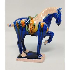 Vintage War 4.5" Horse Sancai Style Chinese Glaze Saddle Cobalt‎ Blue Color Rare